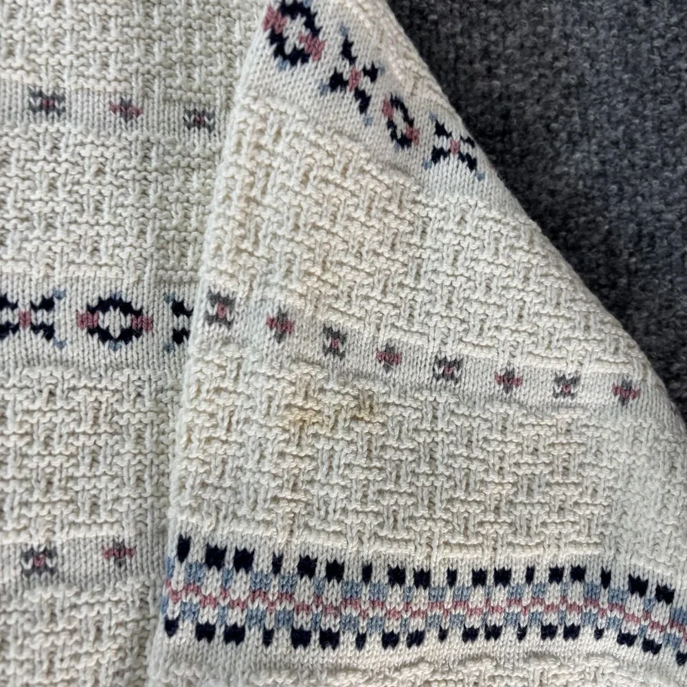 Vintage Isle Of Cotton Sweater Mens Medium White Stripe Waffle Knit Crewneck USA
